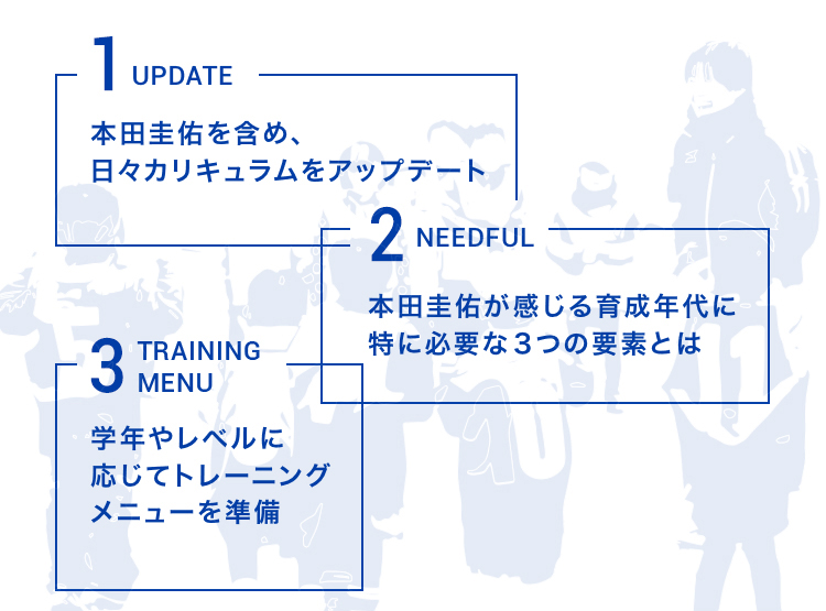 １本田圭佑を含め、日々カリキュラムをアップデート　２本田圭佑が感じる育成年代に特に必要な３つの要素とは　３学年やレベルに応じてトレーニングメニューを準備